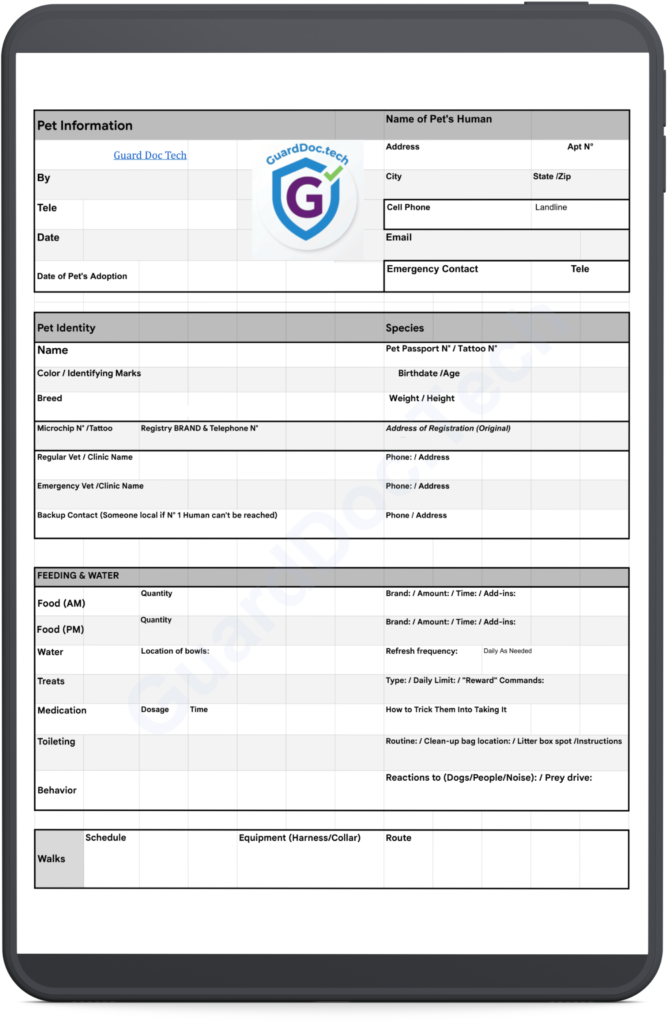 Fillable Pet Sitter Information Form, 2-Page PDF Pet Care Records, Emergency Pet Info Sheet, Digital Download. Page 1