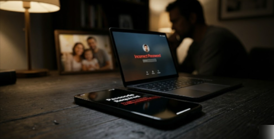 A high-end smartphone and laptop on a dark desk, both displaying locked screens with "Passcode Required" and "Incorrect Password" messages. In the blurred background, a framed family photo and a distressed silhouette highlight the urgency of digital emergency access.