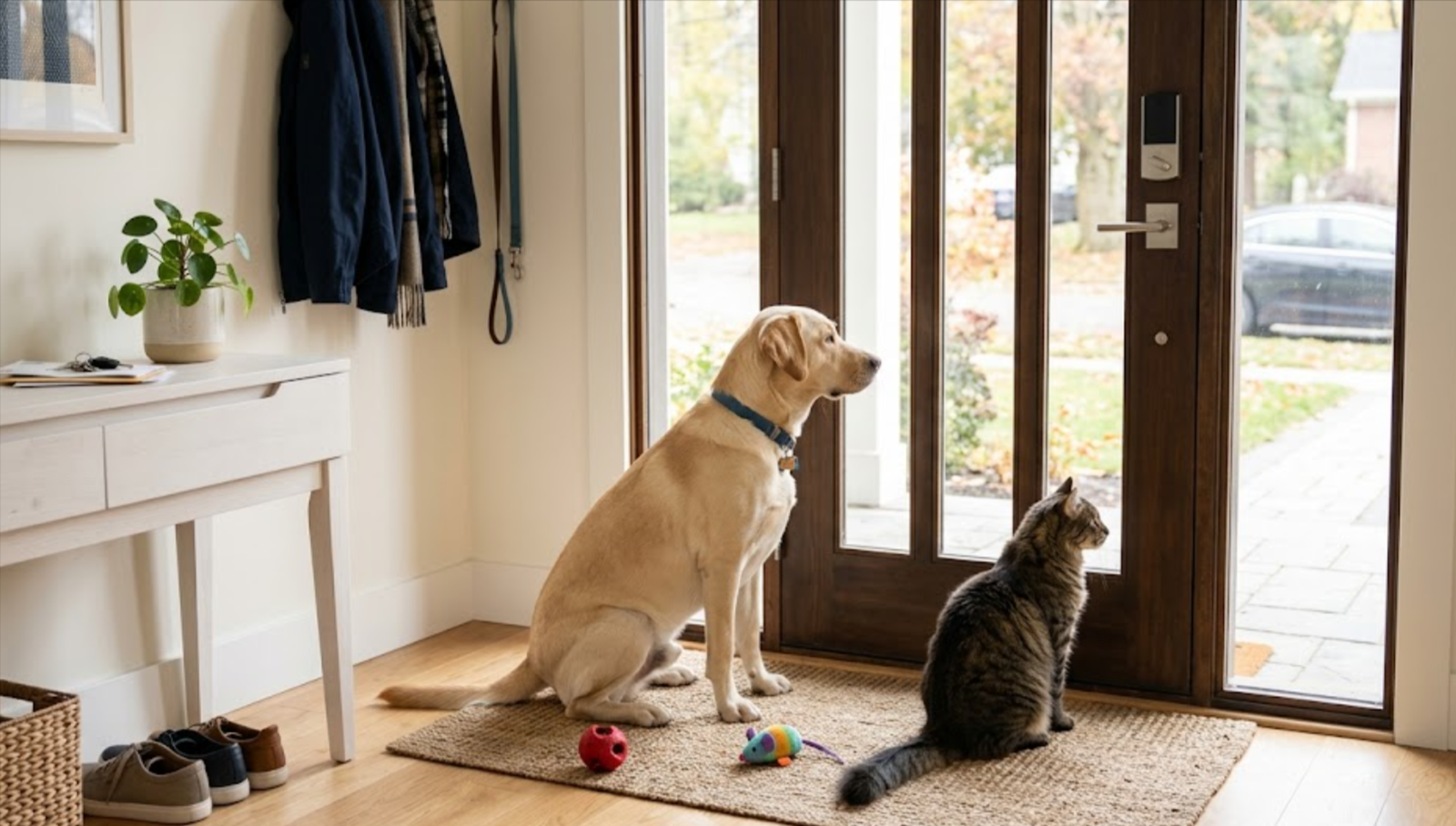 Dog and cat waiting for their human at the door