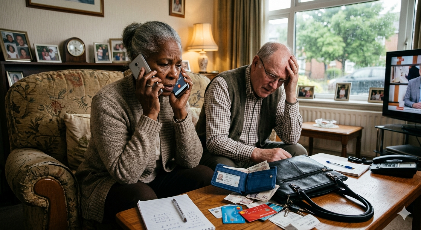 Worried senior parents sitting indoors, holding his glasses and looking anxiously at his smartphone screen, illustrating the stress of a potential phone scam.