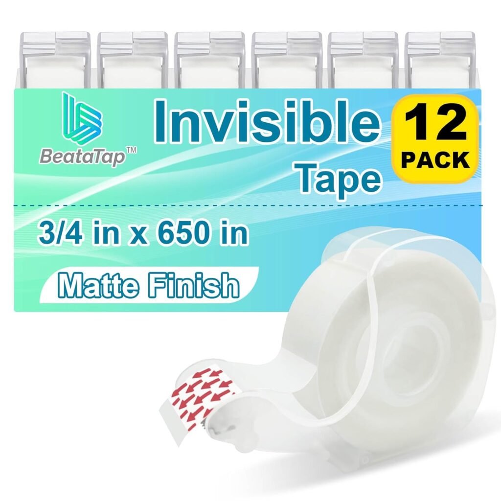 Clear Tape, Invisible, Matte Finish, Writable, 3/4 in x 650 in, Transparent Tape, 12 Rolls with Dispensers,