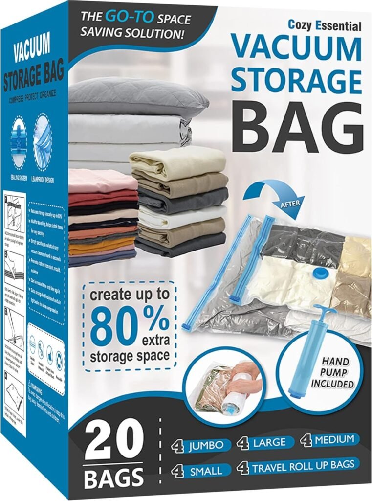 Vacuum Storage Bags, 80% Compression Vacuum Seal Space Saver Plastic Packaging Bags for Clothes, Blankets, Pillow, Bedding, Comforters