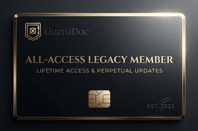 GuardDoc Lifetime All-Access Legacy Member gold and black metal membership card with a smart chip and luxury finish.